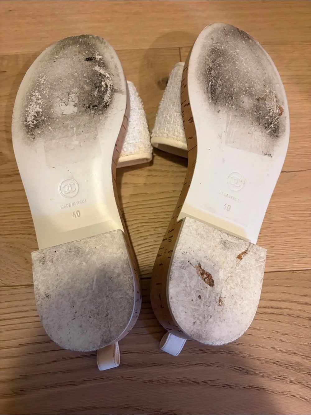 CHANEL Cream Tweed Slide Mules with Gold Logo